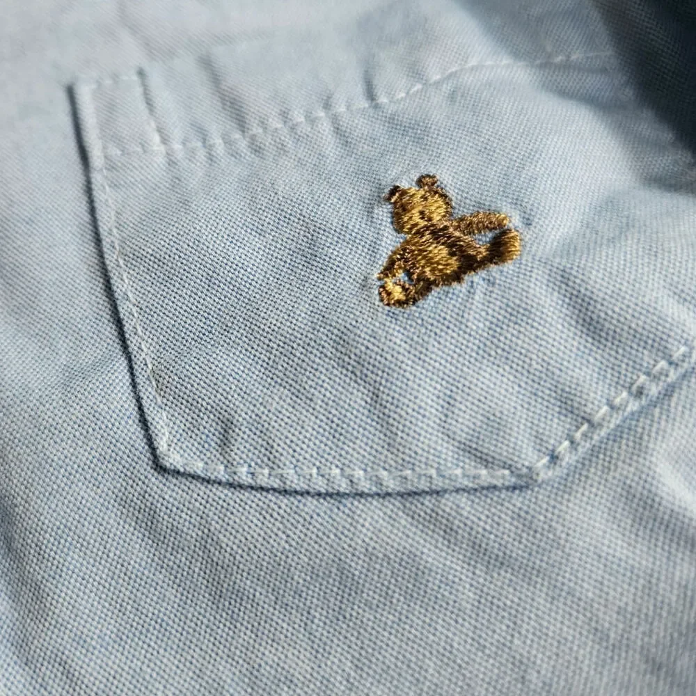 ​babyGap Baby Boys Blue Oxford Chambray Button Down Bodysuit Bear Pocket 12-18M